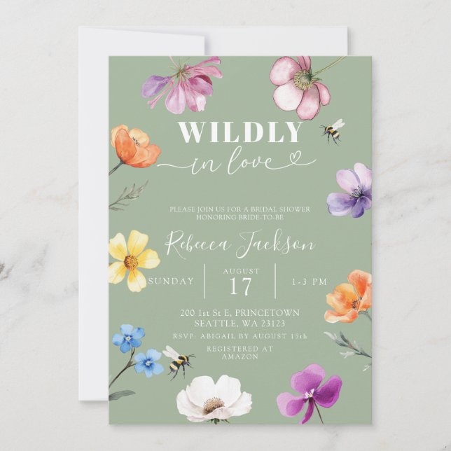 Sage Green Wildflower Wildly in Love Bridal Shower Inbjudningar (Framsida)