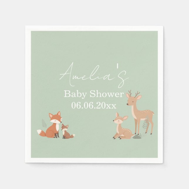 Sage Green Woodland Animal Baby Shower  Pappersservett (Framsidan)