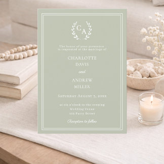 Sage green wreath monogram luxury wedding  inbjudningar