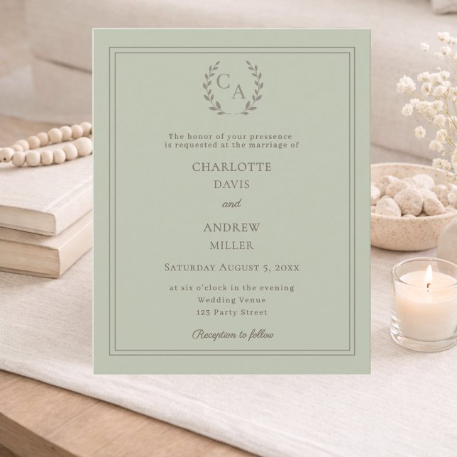 Sage green wreath monogram wedding invitation (Skapare uppladdad)