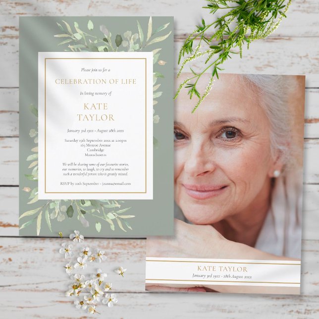 Sage Greenery Begravningsfirande Av Livsfoto Inbjudningar (Skapare uppladdad)