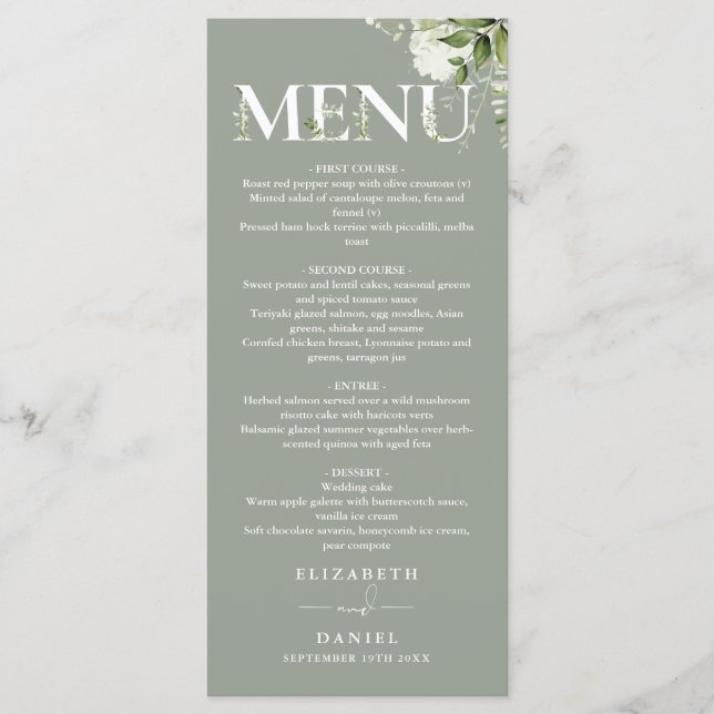 Sage Greenery Blommig Typografi Monogram Bröllop Meny (Framsida)