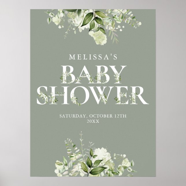 Sage Greenery Blommigt Baby Shower-skylt Poster (Framsidan)