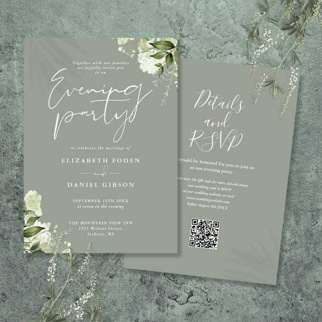 Sage Greenery Blommigt QR Code Bröllop Evening Par Inbjudningar (Sage Greenery Floral QR Code Wedding Evening Party Invitation)