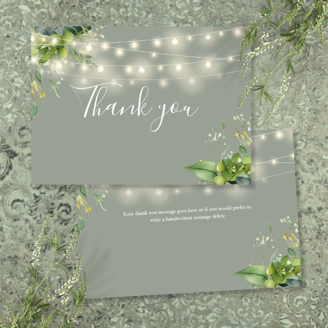 Sage Greenery Blommigt String Ljus Tack Kort (Sage Greenery Floral String Lights Thank You Card)