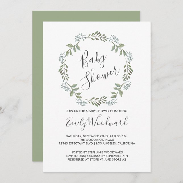 Sage Greenery Botanical Wand Baby Shower Inbjudningar (Fram/baksida)