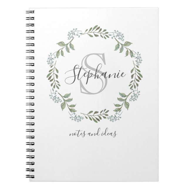 Sage Greenery Botanisk Krans Monogram Anteckningsbok (Framsidan)