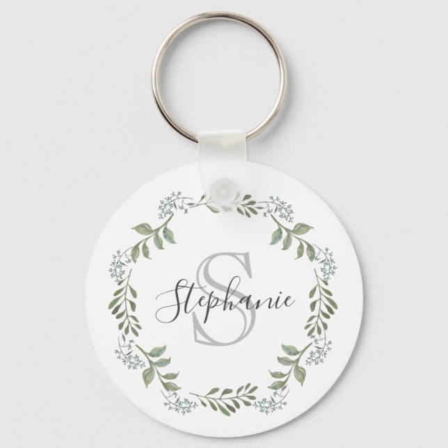 Sage Greenery Botanisk Krans Monogram Nyckelring (Framsida)