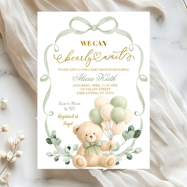 Sage Greenery Bow Coquette Bear Baby Shower Inbjudningar (Skapare uppladdad)