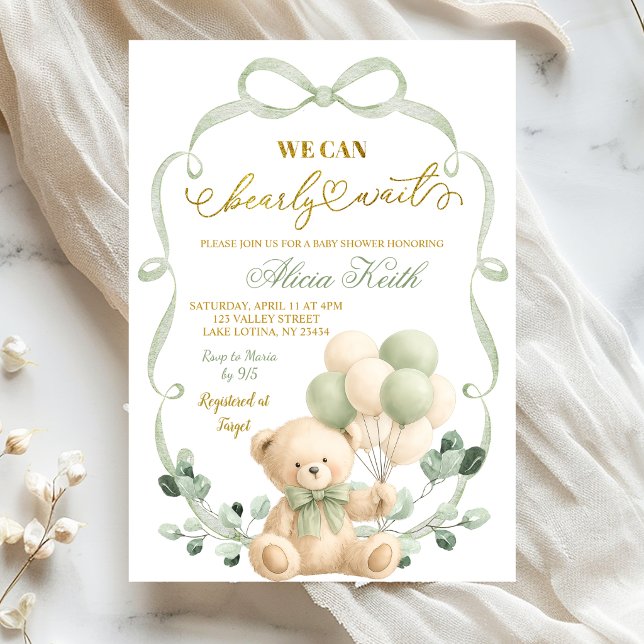 Sage Greenery Bow Coquette Bear Baby Shower Inbjudningar (Skapare uppladdad)