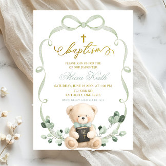 Sage Greenery Bow Coquette Bear Baptism Inbjudningar
