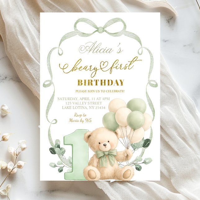 Sage Greenery Bow Coquette Beary First Birthday Inbjudningar (Skapare uppladdad)