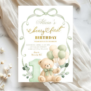 Sage Greenery Bow Coquette Beary Första Födelsedag Inbjudningar