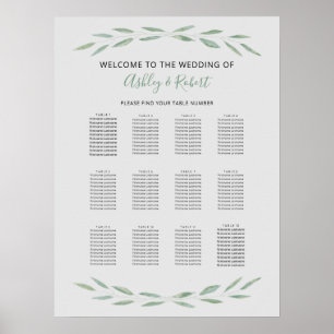 Sage Greenery Bröllop Seating Chart, Botanical Poster