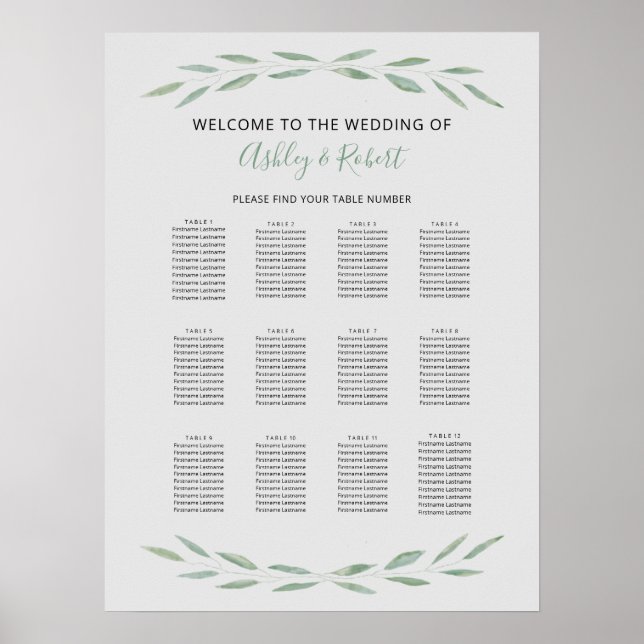 Sage Greenery Bröllop Seating Chart, Botanical Poster (Framsidan)
