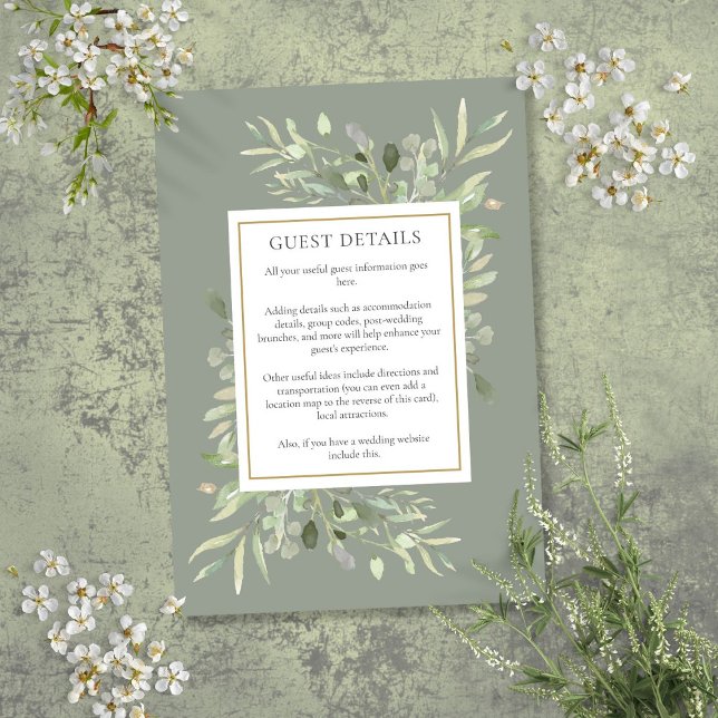 Sage Greenery Bröllopsboende Gästinformation Tilläggskort (Sage Greenery Wedding Accommodation Guest Details Enclosure Card)