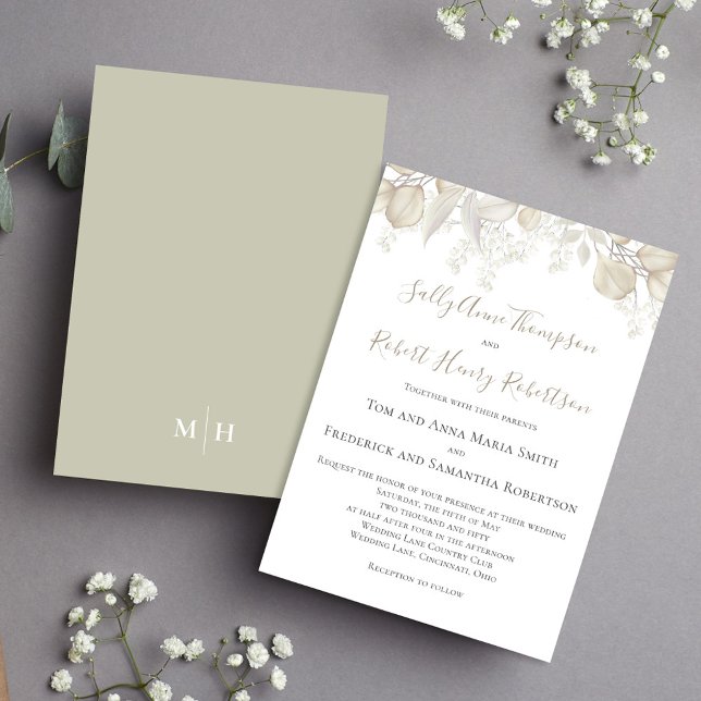Sage Greenery Elegant bröllop Lövs Inbjudningar (Simple and elegant sage green and cream foliage wedding invitation.)