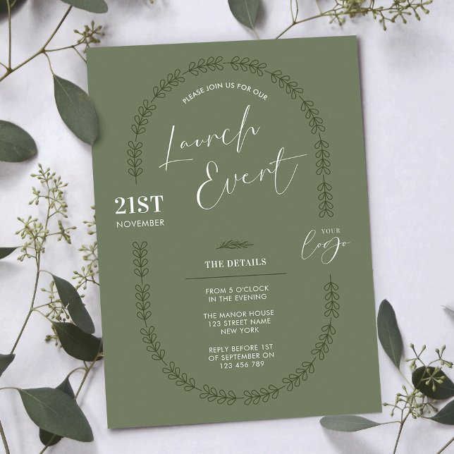 Sage Greenery Elegant Salon Business Grand Open Inbjudningar (Elegant sage green floral motif business launch invitation with space for your logo)