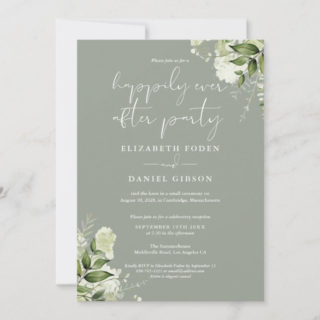 Sage Greenery Floral Lyckliga För Evigt Bröllop Inbjudningar (Framsida)