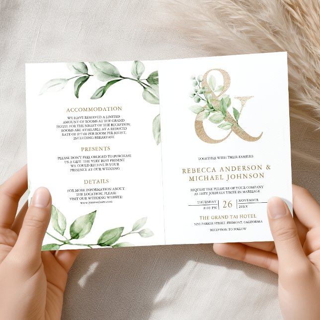 Sage Greenery Gold Ampersand QR Code Wedding Inbjudan (Skapare uppladdad)