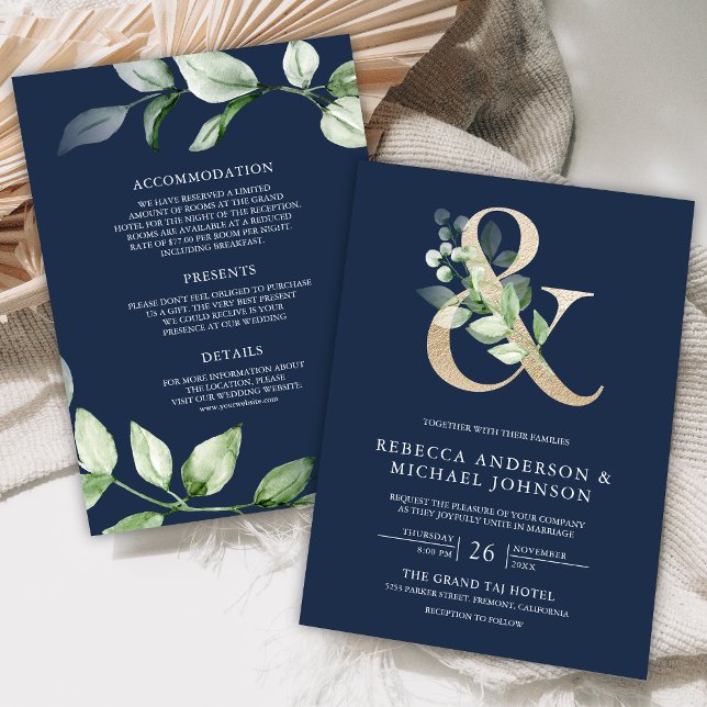 Sage Greenery Guld Ampersand Navy Blue Bröllop Inbjudningar (Skapare uppladdad)
