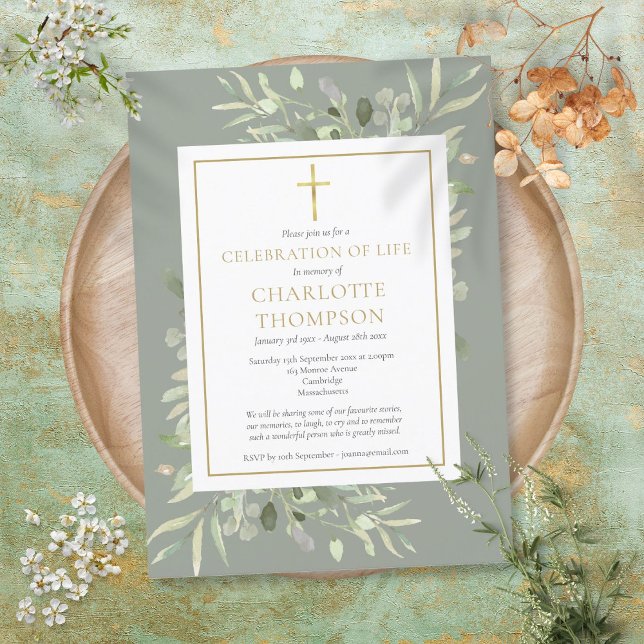 Sage Greenery Guld Christian Firande i Life Inbjudningar (Sage Greenery Gold Christian Celebration of Life Invitation)