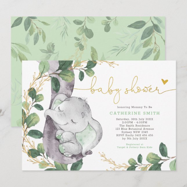 Sage Greenery Guld Elephant Neutralt Baby Shower Inbjudningar (Fram/baksida)
