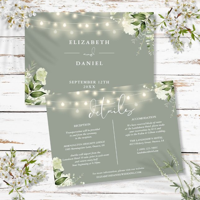 Sage Greenery Lights Bröllop Detaljer Information Inbjudningar (Sage Greenery Lights Wedding Details Information Invitation
)