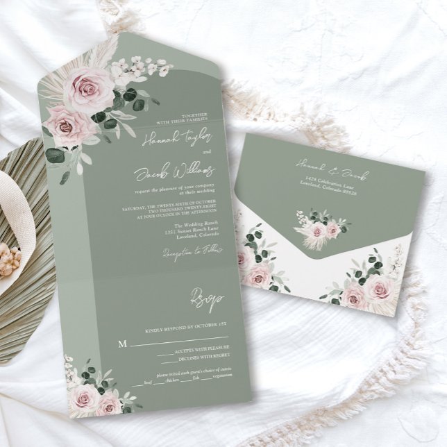 Sage Greenery Rosa Blommigt Dusty Ro Bröllop (sage green pink floral rose wedding invitation)