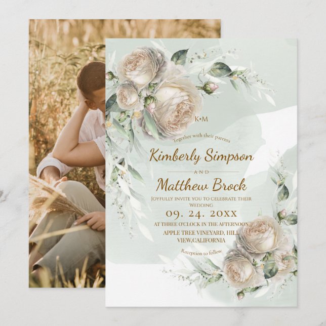 Sage Greenery Rose Wedding Inbjudningar (Fram/baksida)