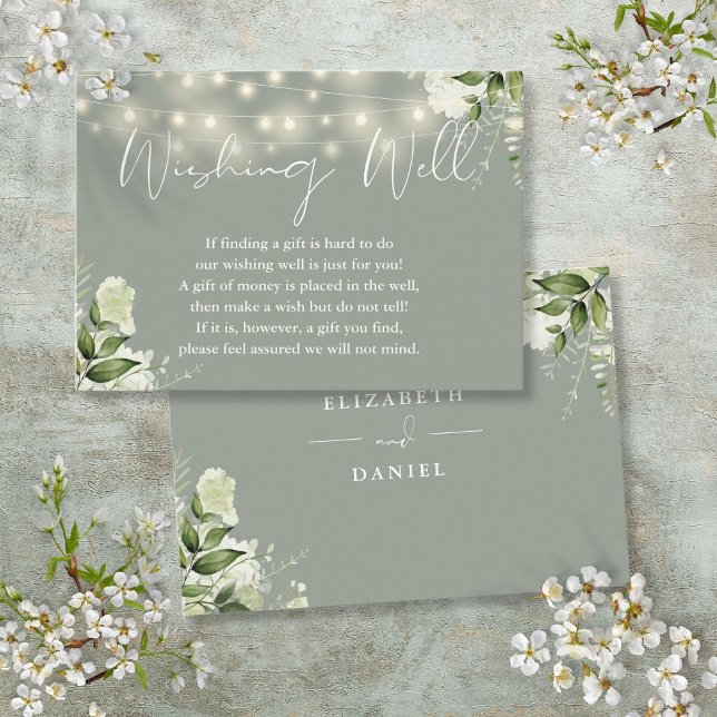 Sage Greenery Sladdlyktor Önskebrunn Bröllop Tilläggskort (Sage Greenery String Lights Wishing Well Wedding Enclosure Card)