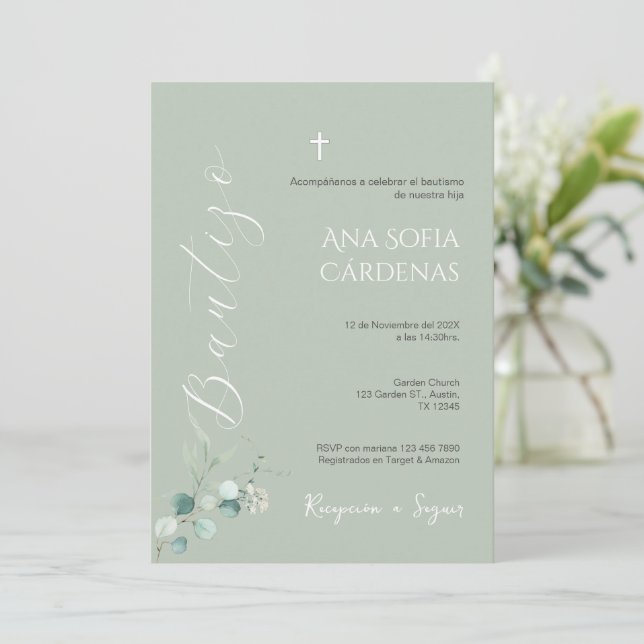 Sage Greenery Spanish Baptism Girl invitation Inbjudningar (Stående Fram)