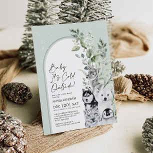 Sage Greenery Winter Arctic Animals Baby Shower Inbjudningar