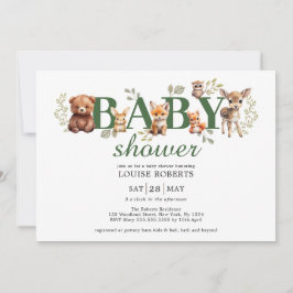 Sage Greenery Woodland Animals Neutralt Baby Showe Inbjudningar