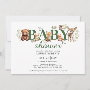 Sage Greenery Woodland Animals Neutralt Baby Showe Inbjudningar