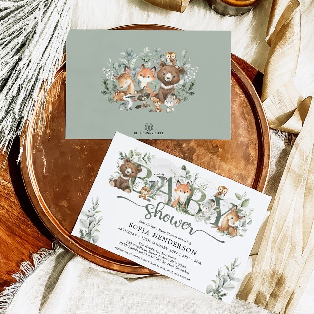 Sage Greenery Woodland Animals Neutralt Baby Showe Inbjudningar (Skapare uppladdad)