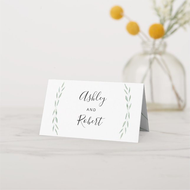 Sage Grey Botanical Place Cards, Bröllop Placeringskort (Framsida)