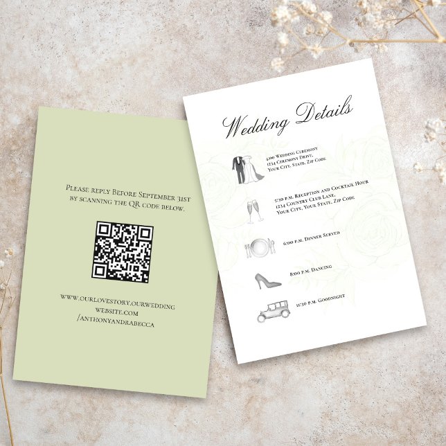 Sage Grön Bröllopsdetaljer QR-kod Tidslinje Tilläggskort (Elegant sage green wedding timeline card with icons and soft botanical background)
