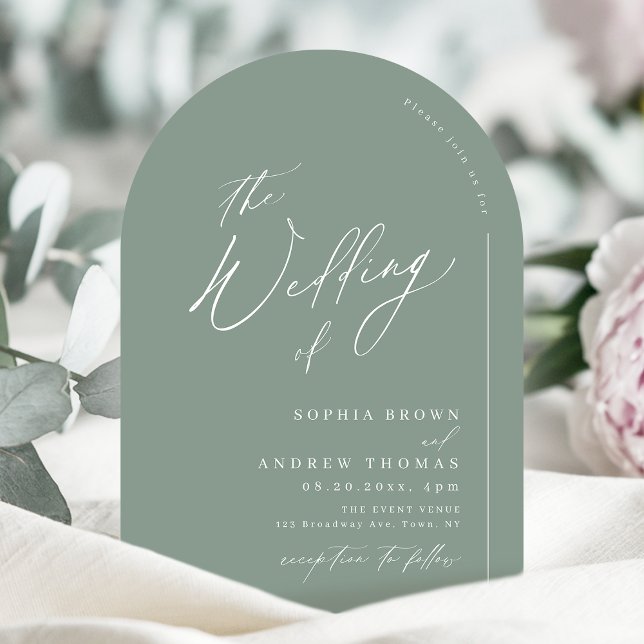 Sage grön modern skript minimalistisk båge bröllop inbjudningar (Sage Green modern script minimalist arch wedding Invitation)