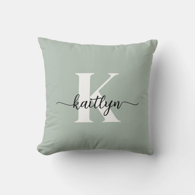 Sage Grön Skript Monogram Kudde (Framsida)