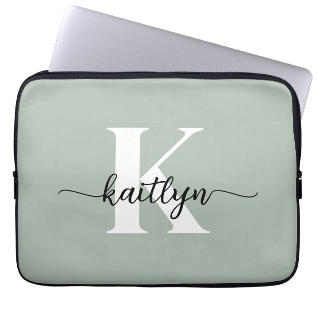 Sage Grön Skript Monogram Laptop Fodral (Framsidan)