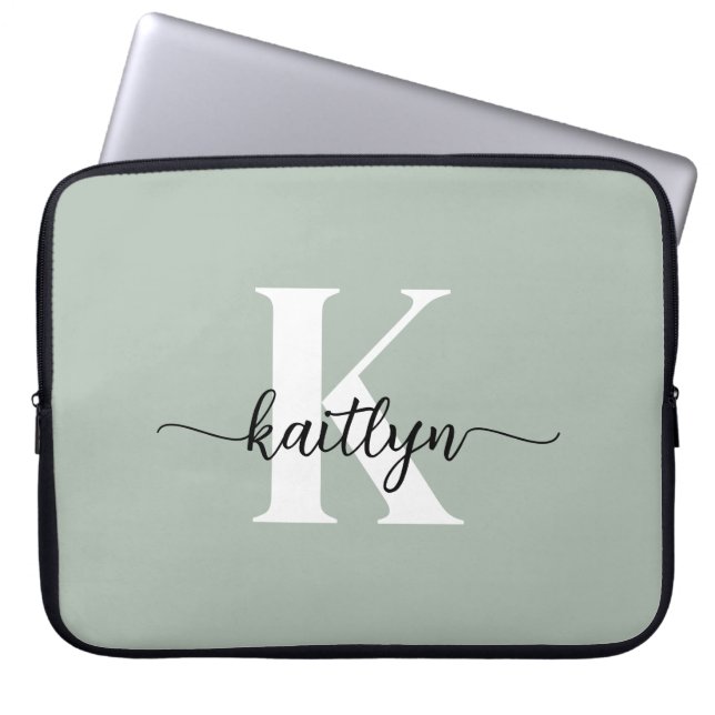 Sage Grön Skript Monogram Laptop Fodral (Framsidan)