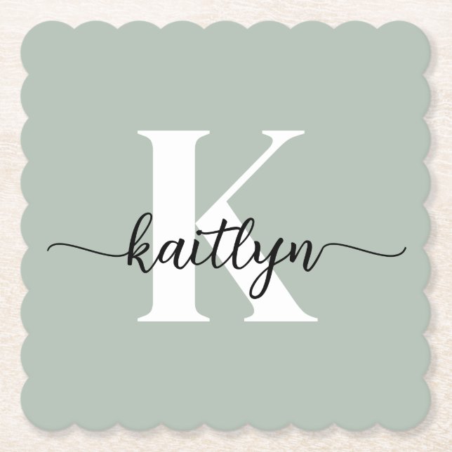Sage Grön Skript Monogram Underlägg Papper (Framsida)