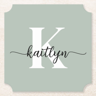 Sage Grön Skript Monogram Underlägg Papper