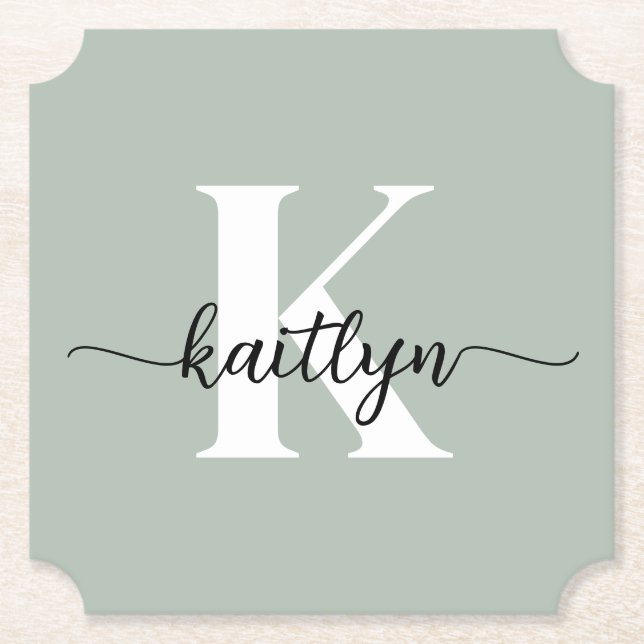 Sage Grön Skript Monogram Underlägg Papper (Framsida)