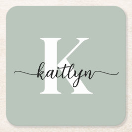 Sage Grön Skript Monogram Underlägg Papper Kvadrat