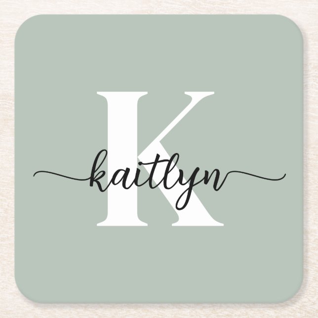 Sage Grön Skript Monogram Underlägg Papper Kvadrat (Framsidan)
