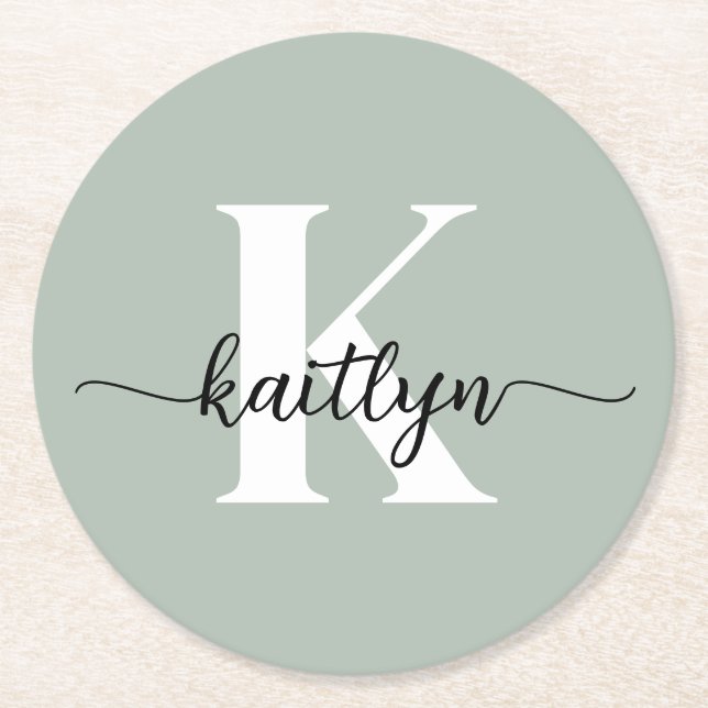 Sage Grön Skript Monogram Underlägg Papper Rund (Framsidan)