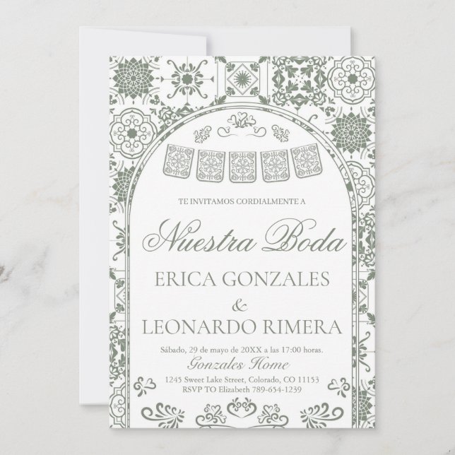 Sage Grön Talavera Papel Picado Spansk Bröllop Inbjudningar (Framsida)