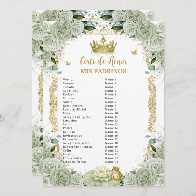 Sage gröna blommiga prinsessa och groda Padrinos  (Fram/baksida)